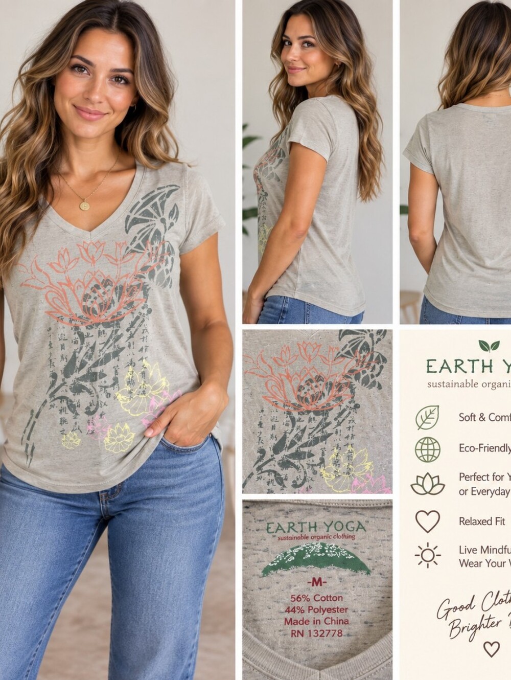 Earth Yoga Taupe V-Neck Tee with Floral Graphic